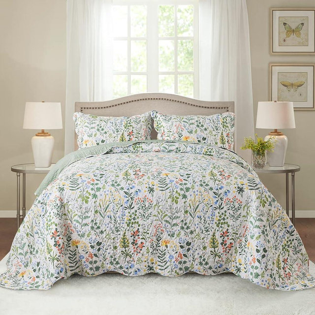 HoneiLife Floral Quilt King Size - 3 Pieces Microfiber Quilt Sets Lightweight Bedspreads Wildflower Coverlets Retro Bed Cover King Quilt Bedding Set All Season Quilts