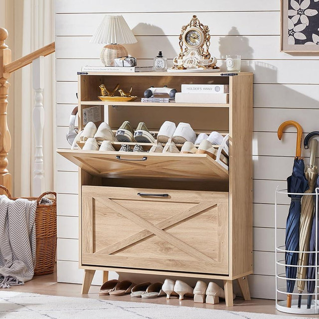 Joaxswe Shoe Storage Cabinet with 2 Flip Drawers, Boho Shoes Organizer for Entryway, Narrow Hidden Shoe Rack with Wood Legs & Open Storage, Free Standing Shoe Closet for Foyer, Hallway, Natural Oak