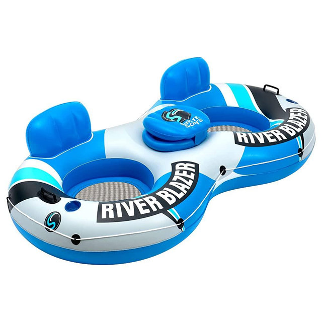 New & Improved 2022 Sunlite Sports River Raft Inflatable, Water Float to Lounge Above Lake and River, Outdoor Water Tube Sport Fun, Recreational Use, Two Grip Handles, Cup Holder, Grab Rope