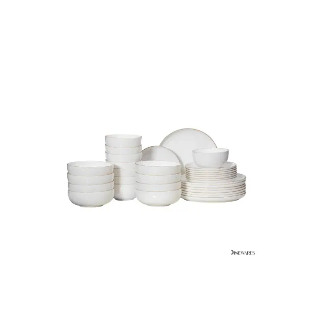Dinewares White with Gold Rim Bone China Dinnerware Set - Service for 8, Includes Dinner Plates, Salad Plates, and Cereal or Soup Bowls