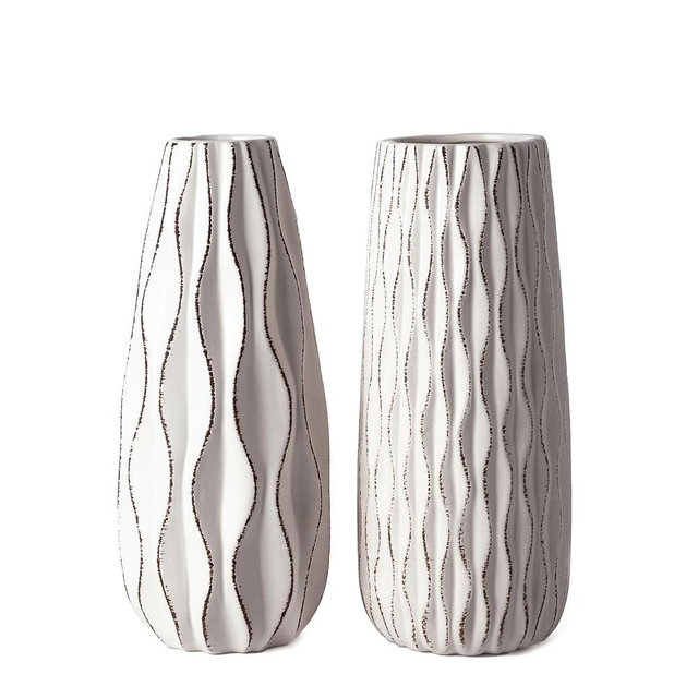 VICTOR & TERESA Ceramic Vase for Flowers,Set of 2 Decorative White Vases for Home Decor, Modern Farmhouse Vases for Pampas Grass, Table, Mantel Accent, Living Room,Shelf, Centerpieces, 9.4inch