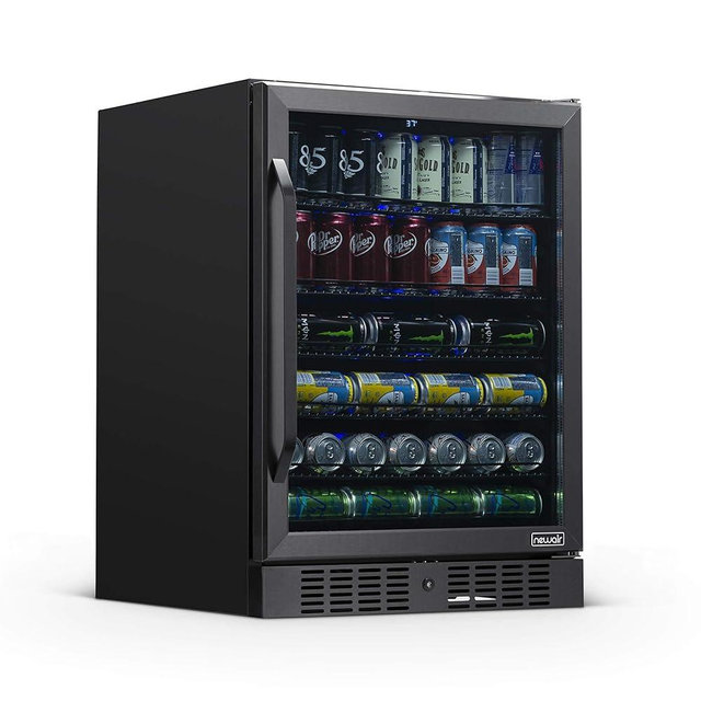 Newair 24" Beverage Refrigerator 177 Can Capacity, Black Stainless Steel Mini Fridge with Built-in Cooler and Glass Door, Cool your Soda, Beer, and Beverages to 37F