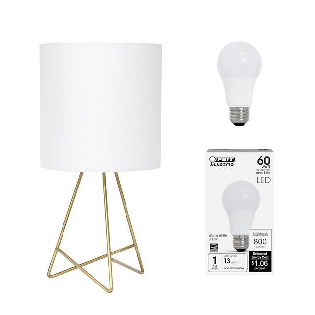 Simple Designs LT2066-GDW-LB 14" Down to The Wire Table Lamp for Bedroom, Living Room, Entryway, Office, Gold with White Shade, with Feit LED Bulb Included