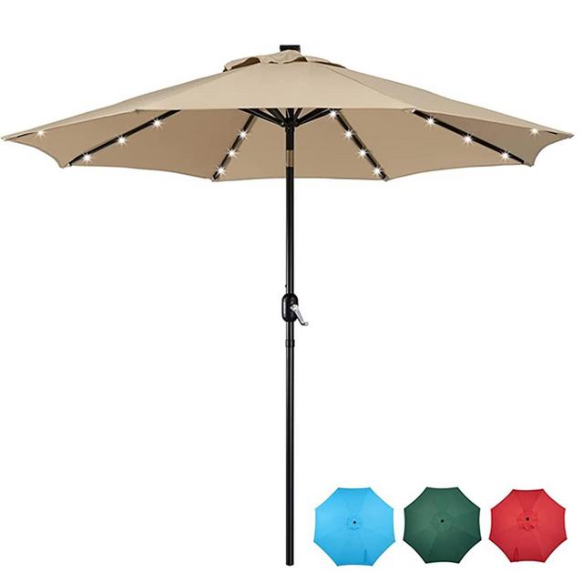 Yaheetech 9FT Solar Powered Patio Umbrella - UV Protection Market Table Umbrella w/ 32 LED Lights & Push Button Tilt & Crank Lift System for Garden/Lawn/Deck/Backyard/Pool,Tan