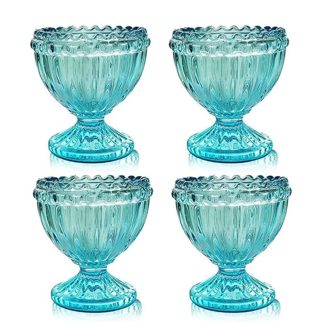 Blue Glass Easter Egg Cup for Soft or Hard Boiled Egg Holder - Pack 4 Egg Holders for Breakfast Brunch, Kitchenware, Coastal Beach House Table Decoration Egg Cup