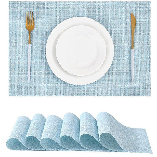 Leetaltree Soft Sky Blue Woven Placemats Set of 6 - Heat Resistant Non-Slip Place mats for Dining Table, Washable Durable PVC Vinyl Woven Table Mats(Sky Blue, 6)