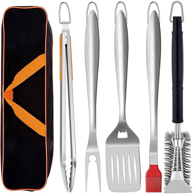 18" Extra long Grill Tools Set of 6, Leonyo BBQ Tool Set, Heavy-duty Barbecue Grilling Accessories, Stainless Steel Spatula, Fork, Tong, Basting Brush, Cleaning Brush & Carrying Bag, Wood Color Handle