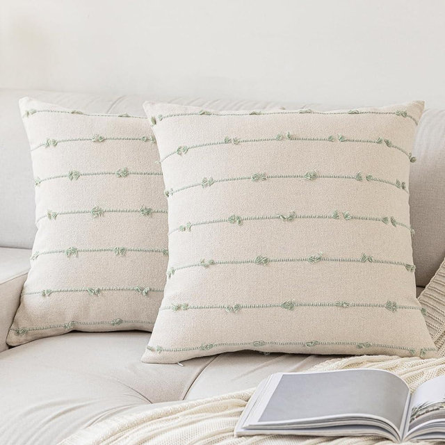 YEENAASY Boho Throw Pillow Covers 18x18 Set of 2 Modern Farmhouse Decorative Cushion Case Tufed Square Pillows Cover Neutral Pillow Cases Accent Pillowcase for Sofa,Couch,Bed,Beige and Green