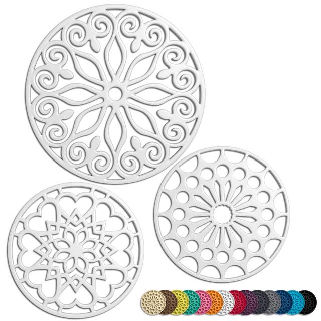 3 Set Silicone Trivet Mats With 1 Extra Large Included | Intricately Carved Insulated Flexible Durable Non Slip Thick Round Premium Trivets for Hot pots and pans | White