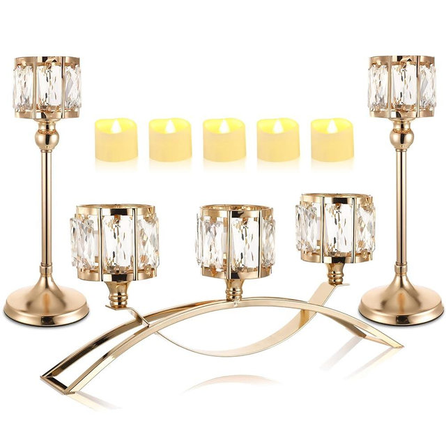 Blosssound 3 Set Gold Crystal Candle Holders Table Centerpieces with LED Tea Lights Decorative Candles 3 Arms Candlesticks Holders for Wedding Party Holiday Dining Table Decoration