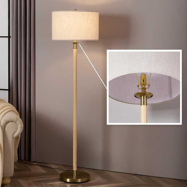 MITELSON Floor Lamp, Modern Lamp with Dimmer Switch and Bulb, Mid Century Lamp with Linen Shade, Great Living Room Décor, Tall Lamp, Standing Lamp for Bedroom and Office, Natural Wood