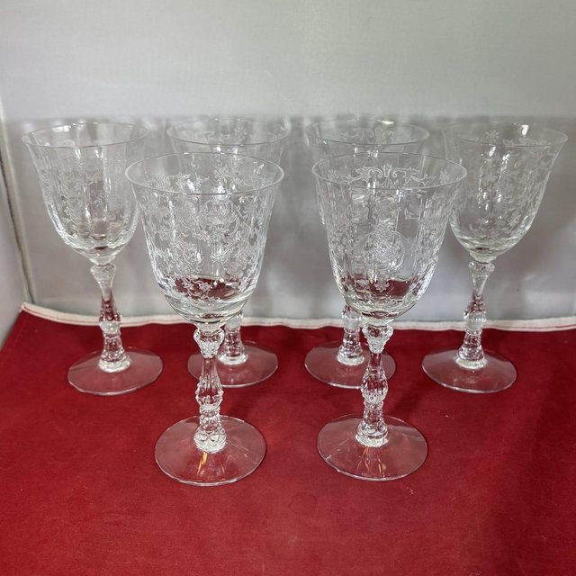 Vintage-Fostoria-Navarre-6-Wine Glasses-Water Goblets-Etched-Floral-Crystal-Glassware