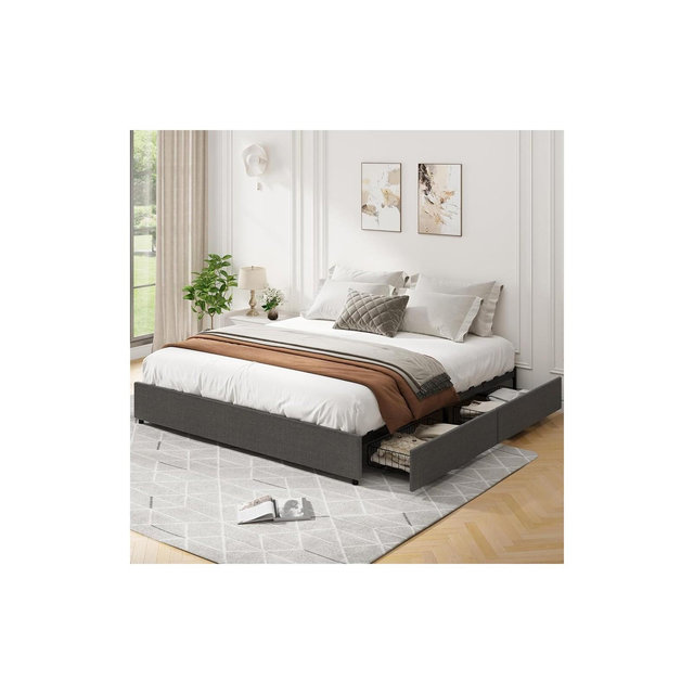 Upholstered Platform Bed Frame Queen Size with 4 Storage Drawers,Queen Platform Bed Frame with Mattress Foundation Strong Wooden,No Box Spring Needed