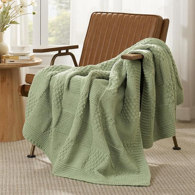 Amélie Home Checkered Throw Blanket Soft Cozy Knit Throw Blanket Farmhouse Decorative Chenille Throw Blanket for Couch Bed Sofa Living Room, 50"x 60", Sage Green