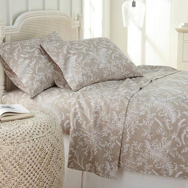 Southshore Fine Living, Inc. Winter Brush, 15-Inch Boho Sheets King Size, 4-Piece Beige Floral Sheets, Bohemian Deep Pocket King Sheet Set, Microfiber, Machine Washable, Warm Sand, Grey Flowers