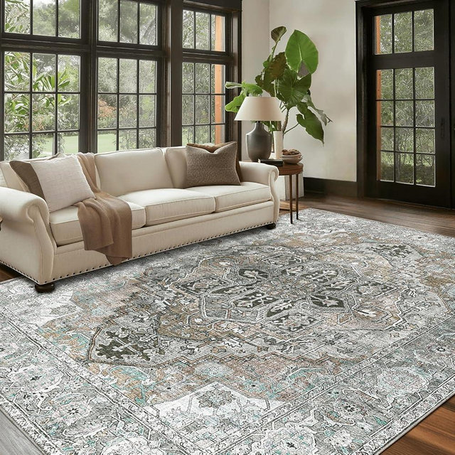 QD-Udreamy 6x9 Area Rugs - Machine Washable Area Rugs 6x9 for Living Room, Soft Washable Rugs 6x9, Non-Slip Washable Area Rug, Stain Resistant Boho Low Pile Thin Washable Rug 6x9