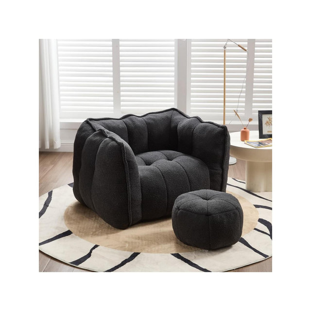 Black Chenille Bean Bag Chair,Square Bean Bag Sofa with High Resilient Foam for Living Room,Bean Bag with Footstool for Gaming or Reading-Koiai