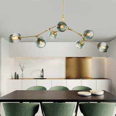 7-Light Modern Chandelier Gradient Blue Glass Globe with Adjustable Rotating Ceiling Lamp, Matte Gold Modern Pendant Lighting Fixture(Human Type, 66.5in)