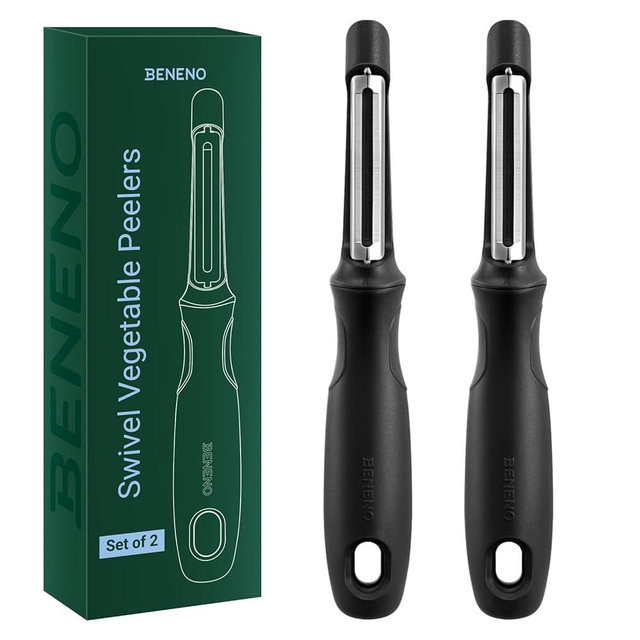 Beneno Swivel Vegetable Peeler, Razor-Sharp Smooth Peeling Potato Peelers with Stainless Steel Blades, Ergonomic Comfort Non-Slip Rubber Handle, Kitchen Peelers with Potato Eye Remover (2, Black)