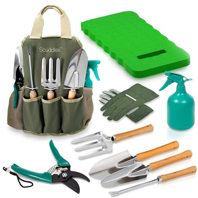 Scuddles Garden Tools Set - 8 Piece Heavy Duty Gardening Tools with Storage Organizer, Ergonomic Hand Digging Weeder, Rake, Shovel, Trowel, Sprayer, Gloves Gift for Men & Women