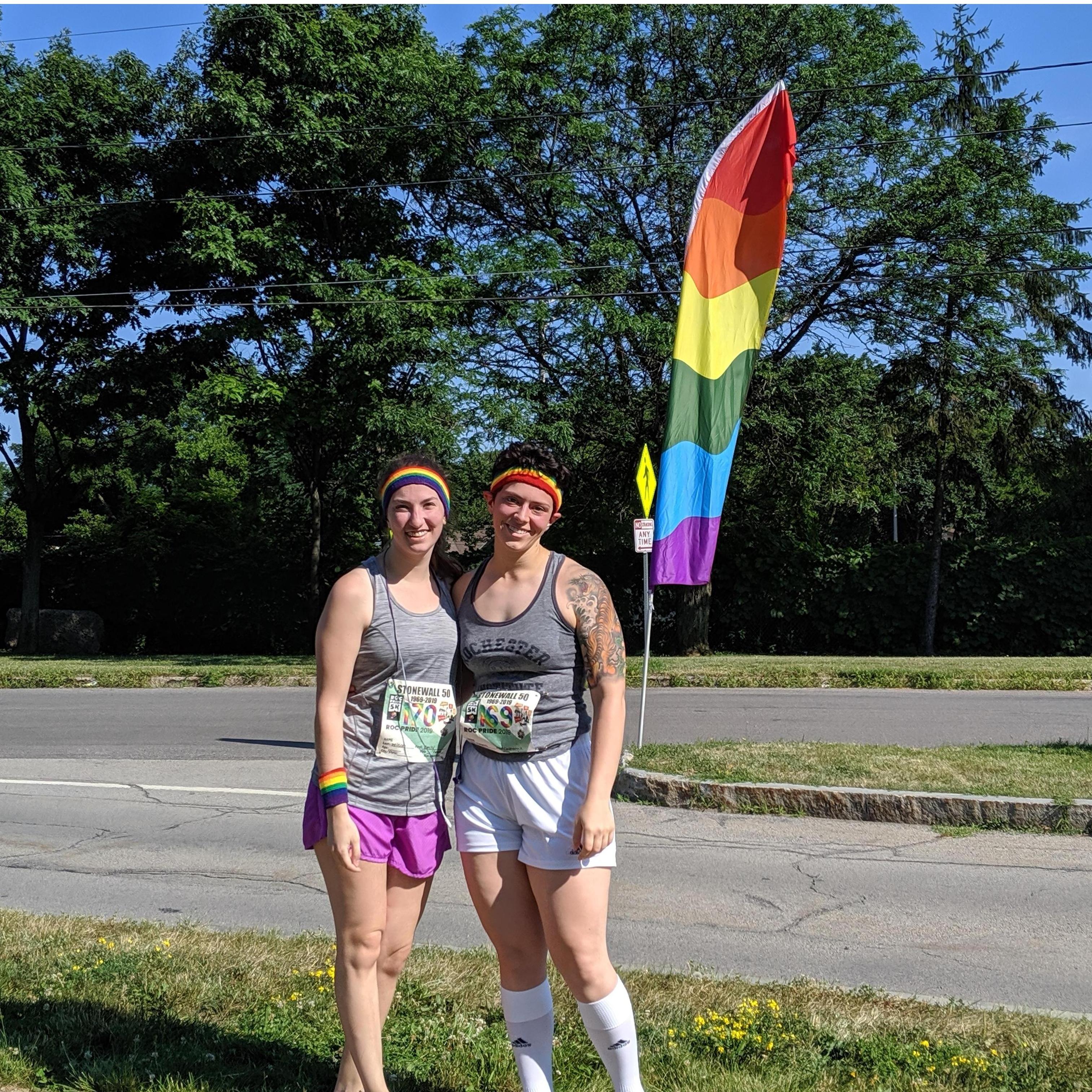 Sweaty but smiley after completing our first ever 5K during pride month in Rochester (2019)