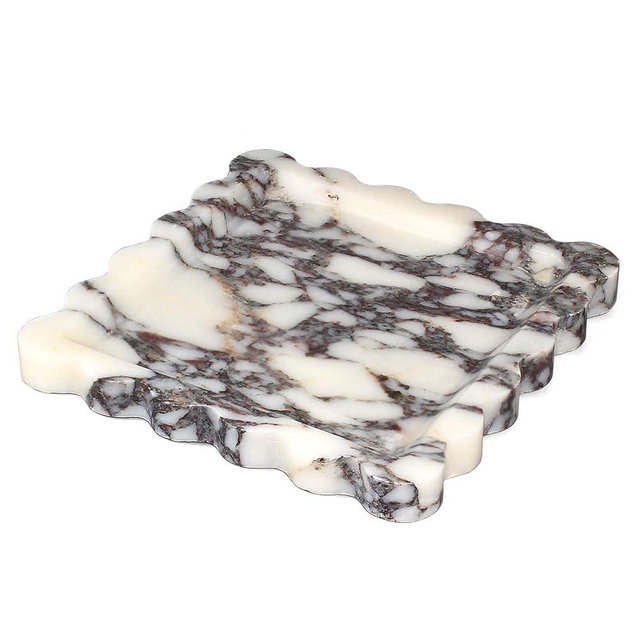 Square Marble Vanity Tray with Scalloped Edge - Natural Marble Perfume Tray Decor for Dresser, Vanity, Kitchen, Home Decor, Decorative Square Stone Tray - Calacatta Viola 8 * 8 inch