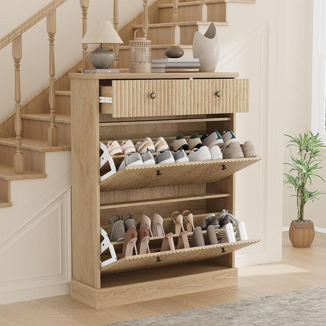 IDEALHOUSE Fluted Shoe Storage Cabinet with 2 Flip Drawers & Top Drawer, 42" Tall Narrow Shoe Organizer, Curved Profile Design, Wooden Shoe Rack for Entryway, Hallway - Natural Oak
