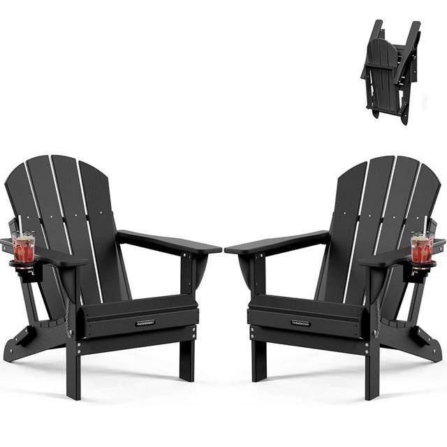 MUCHENGHY Folding Adirondack Chairs 2 Pack, Patio & Outdoor Chairs, Plastic Weather Resistant with Cup Holder for Deck, Backyard, Garden (Black)