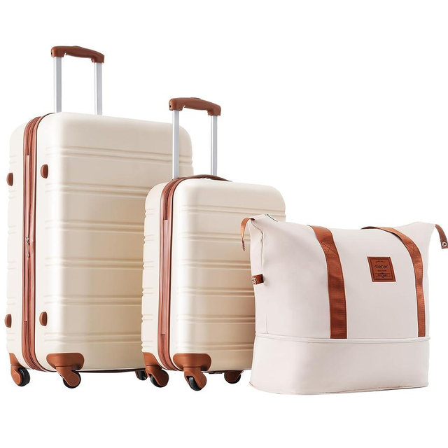 Merax Luggage Sets 2 Piece Expandable Hardside Luggage with Travel Bag Suitcase Set with Spinner Wheels(20+28+bag,Brown+White-1)