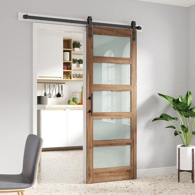 FREDBECK 32 x 84 inch Glass Barn Door with 5.5FT Barn Door Hardware Kit & Handle Included,5-Panel Frosted Glass,Water-Proof Surface,Pre-Drilled Holes,Need Assembly