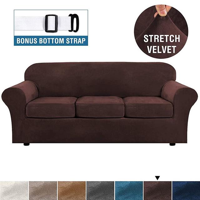 H.VERSAILTEX Modern Velvet Plush 4 Piece High Stretch Sofa Slipcover Strap Sofa Cover Furniture Protector Form Fit Luxury Thick Velvet Sofa Cover for 3 Cushion Couch, Machine Washable(Sofa,Brown)