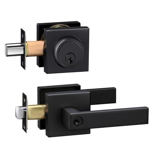 Exterior Door Lock Set with Single Cylinder Deadbolt Lock-Square Entry Door Locksets with Deadbolt Mattle Black Front Door Lock Set,Keyed Alike Front Door Handle and Deadbolt Set