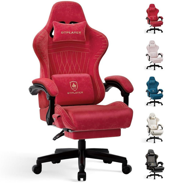 GTPLAYER Gaming Chair with Speakers, Video Game Chairs with Footrest, PC Gamer Chairs for Adults - Padded High Back Ergonomic Reclining Silla Gamer, Linkage Armrest, Ace Pro, Cherry Red（Velvet）