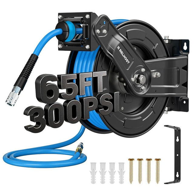 Relhost Retractable Air Hose Reel, 65 ft x 3/8 in Hybrid Air Hose Max 300PSI, Heavy Duty Air Compressor Hose Reel with Dual Arms, Auto Rewind, 180° Swivel Ceiling/Wall Mount for Garages, Workshops