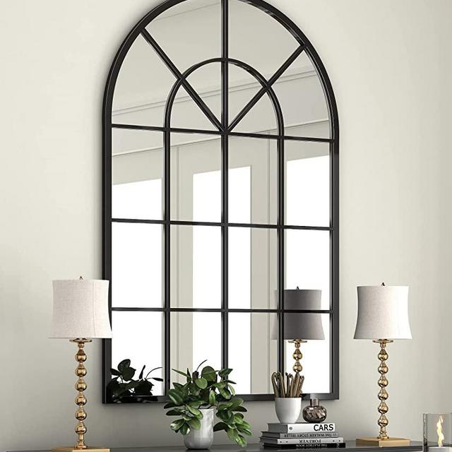 Arched Window Finished Metal Mirror, 32×45" Wall Mirror Windowpane Decoration for Living Room Bedroom