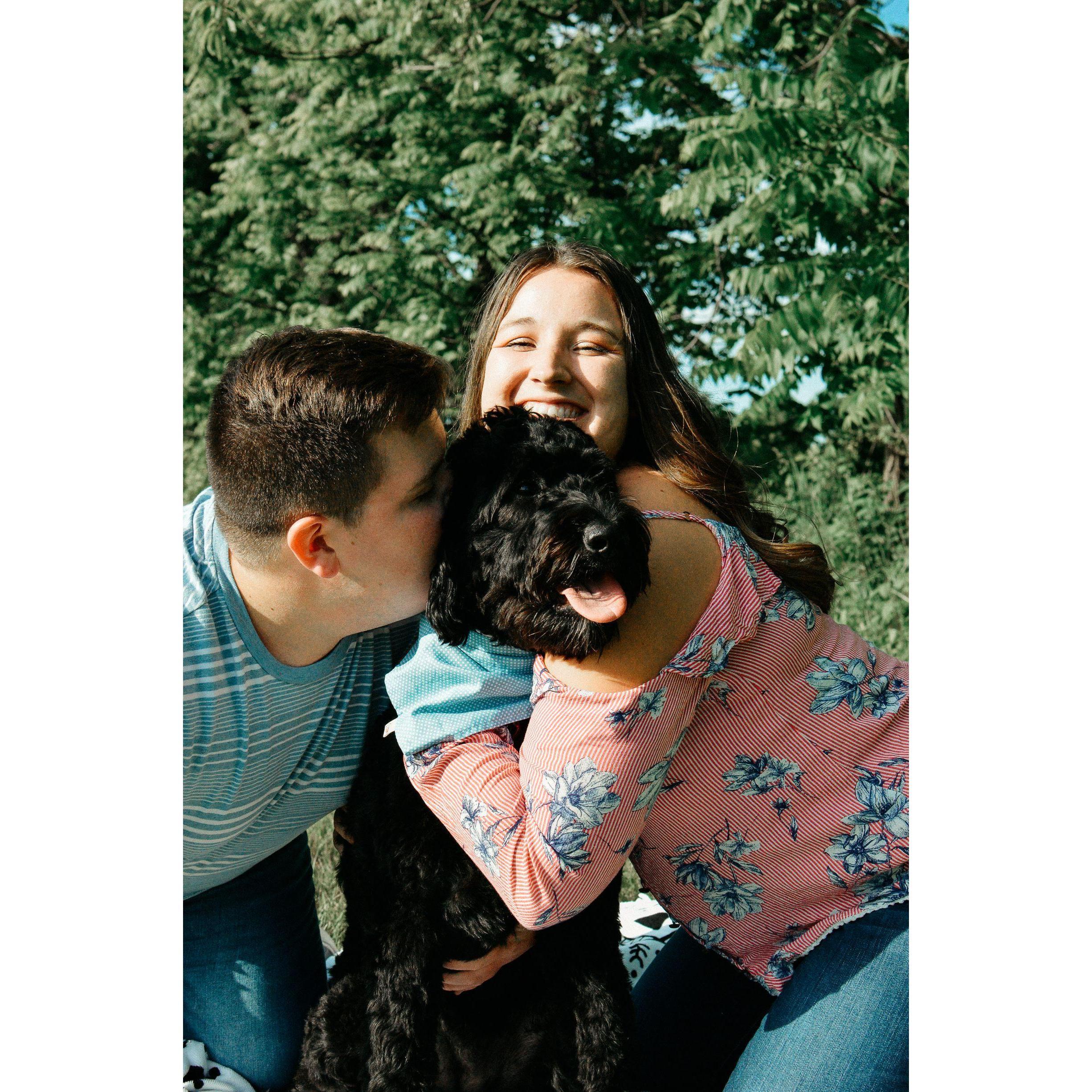 Engagement picture with our first dog, Sasha, 2020