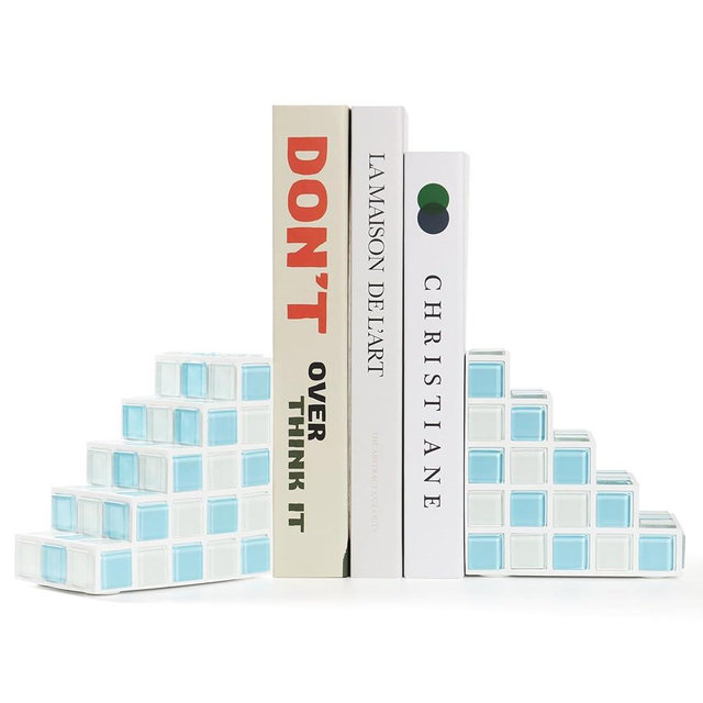 Decorative Bookends for Shelves - Stair Book Ends for Heavy Books - Unique Book Stopper & Holder for Shelves - Modern Home Decor Aesthetic Bookshelf Decor (Light Blue & White)