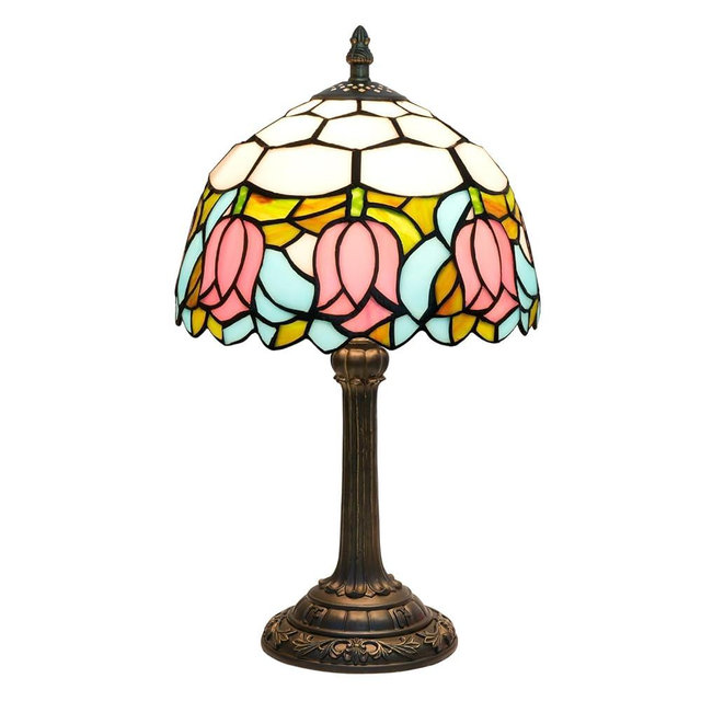 wecrejoni Tiffany Lamp - Pink Tulip Stained Glass Table Lamp 8x8x14 Inches - Pink Tulip Style Desk Reading Bedside Light - Bedroom & Living Room Decor