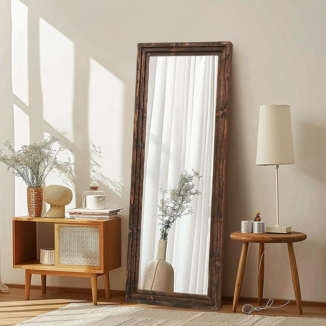 ABSWHLM Full Length Mirror 58"x22" Solid Wood Frame Floor Large Mirror for Living Room, Bedroom Hanging or Leaning Wall-Mounted, Brown