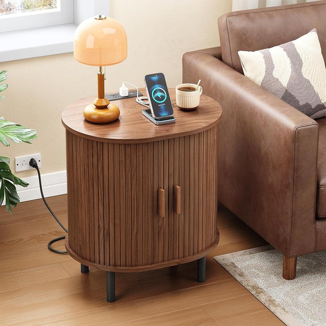 ONBRILL Oval End Table with Storage & Charging Station, Fluted Accent Side Table with Sliding Door & Adjustable Shelf, Mid-Century Modern Nightstand for Small Space, Living Room, Bedroom, Walnut