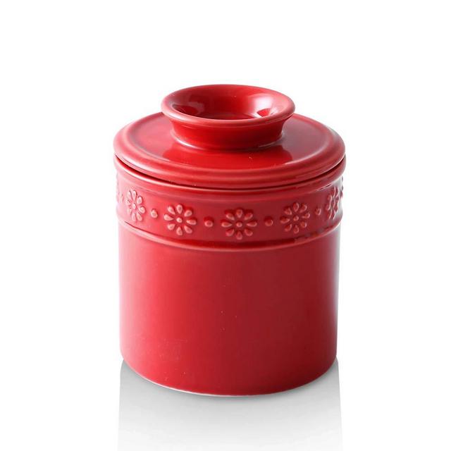 KOOV Ceramic Butter Crock, Butter Keeper for Counter, French Butter Dish Big Capacity (Red)