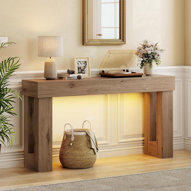 Apicizon 63" Long Console Table for Entryway with LED Light, Farmhouse Wooden Sofa Table Behind Couch, Narrow Entry Way Table for Living Room, Hallway, Entrance, Foyer, Brown