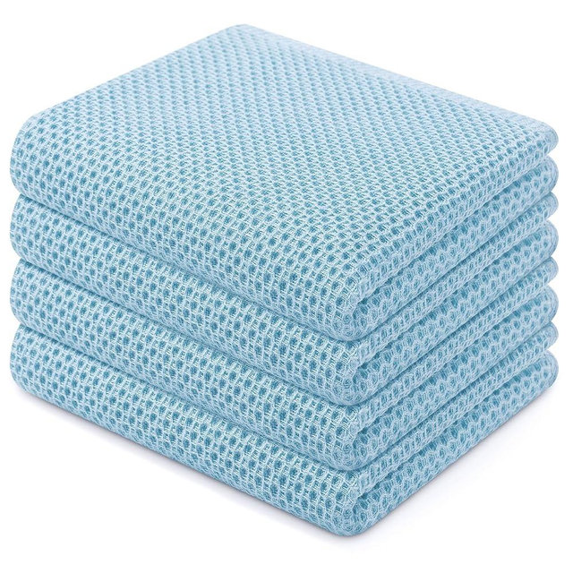 Homaxy 100% Cotton Waffle Weave Kitchen Dish Towels, Ultra Soft Absorbent Quick Drying Cleaning Towel, 13 x 28 Inches, 4-Pack, Sky Blue