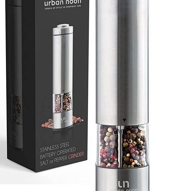 Electric Salt and Pepper Grinder - Battery Operated Stainless Steel Pepper Mill with Light - Automatic One Handed Operation - Electronic Adjustable Shaker - Ceramic Grinder
