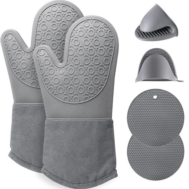 BGFOX Extra Long Oven Mitts and Pot Holders Sets, Heat Resistant Silicone Oven Mittens, Oven Gloves Sets with Soft Lining Good Grip, Hot Pads for Kitchen Baking Cooking, Pack of 6, Gray