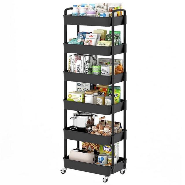 Sywhitta 6-Tier Plastic Rolling Utility Cart with Handle, Multi-Functional Storage Trolley for Office, Living Room, Kitchen, Movable Storage Organizer with Wheels, Black