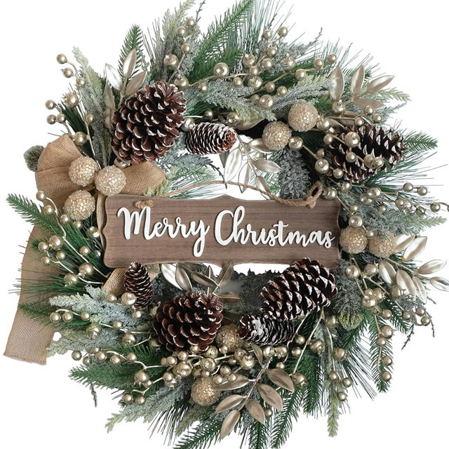 Idyllic 24 Inch Christmas Wreath with Pine Needles, Berries, Pine Cones, Ribbons - Artificial Xmas Decoration for Indoor/Outdoor Use
