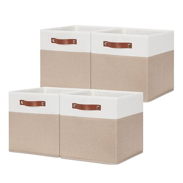 HNZIGE Fabric Storage Cubes, Cube Storage Bins 12 x 12, Set of 4, Decorative Storage Baskets for Shelves with Handles,Foldable Bins for Cube Shelf Organizer Home Toy Nursery Closet(Beige White)