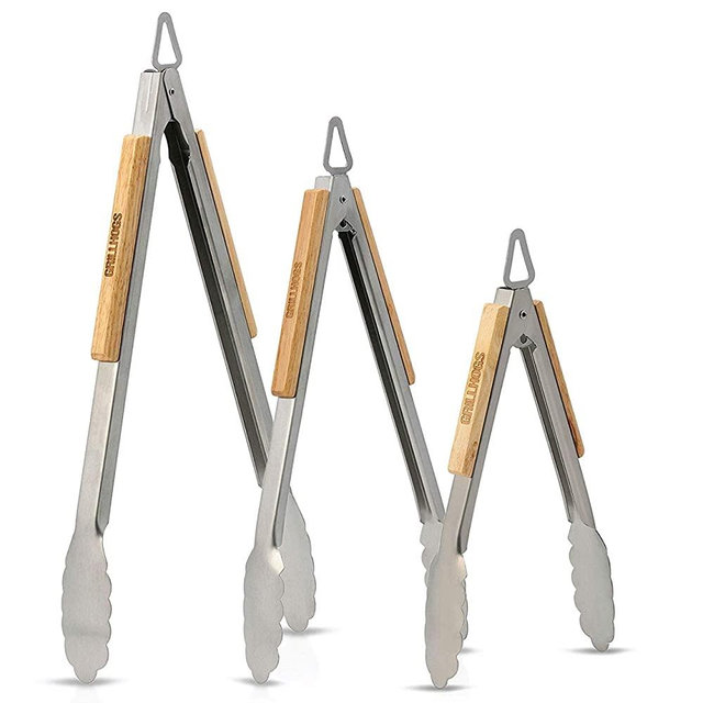 GRILLHOGS Barbecue Grill Tongs, 9, 12, and 16 Inch 3 Pack, Best Metal Kitchen Tongs for Cooking and Grill Accessories, Stainless Steel + Oak Wood BBQ Tongs