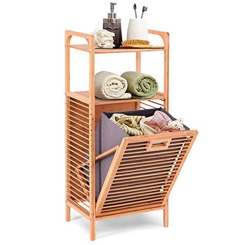 Giantex Bamboo Laundry Hamper Tilt-Out with Shelf & Removable Liner for Bathrooms & Spas Space Saving Storage Laundry Basket 16’’x12’’x38’’(L x W x H)